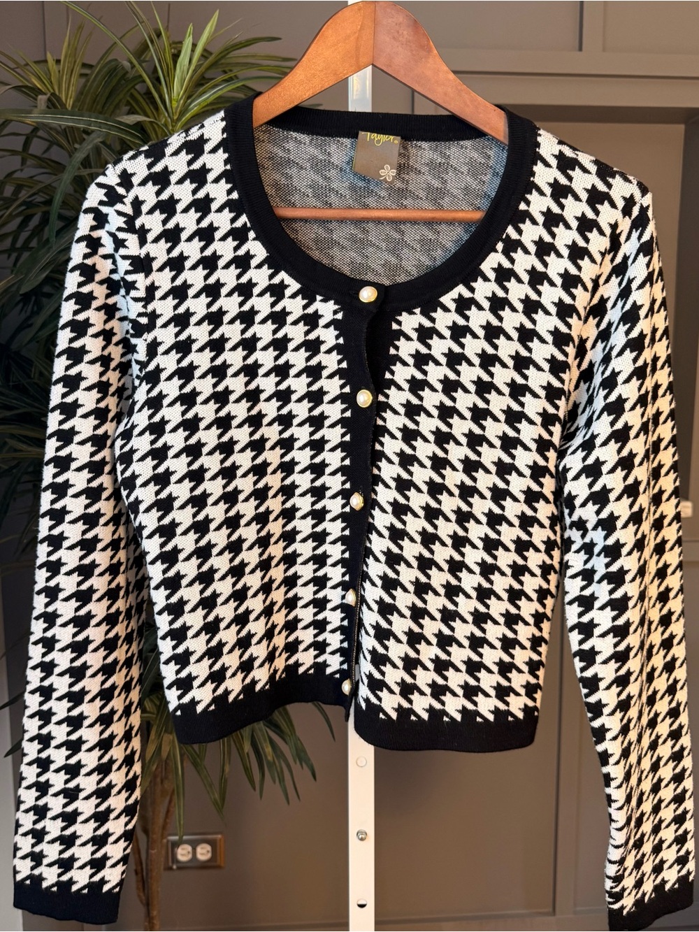 Taylor Black White Houndstooth Pearl Button Cardigan Sweater L
